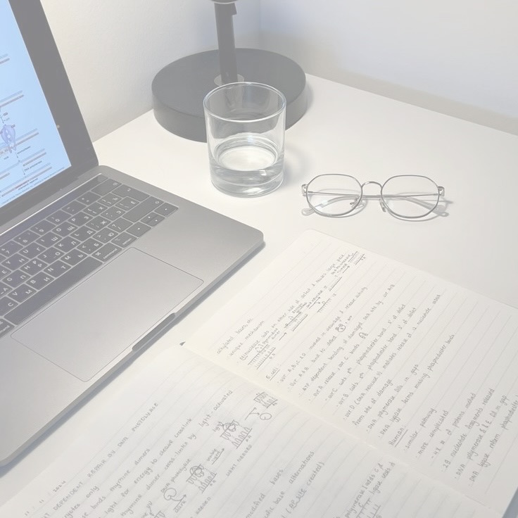 Laptop com caderno e óculos sobre mesa minimalista